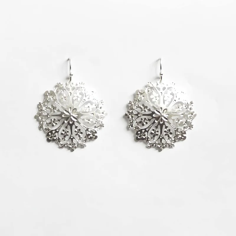 Long Silver Earrings-Rose Quilt Earrings