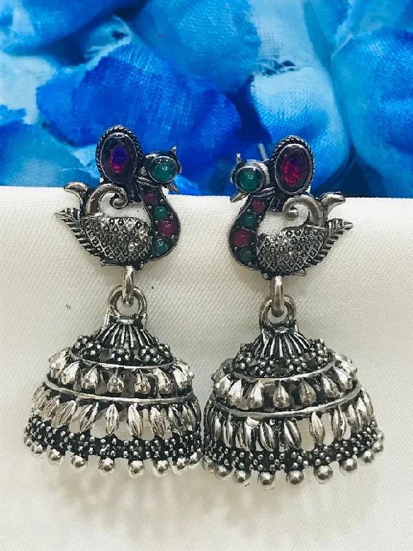 Large Drop Earrings-Delightful Red Color Stone Oxidized Jhumka Earrings For Women