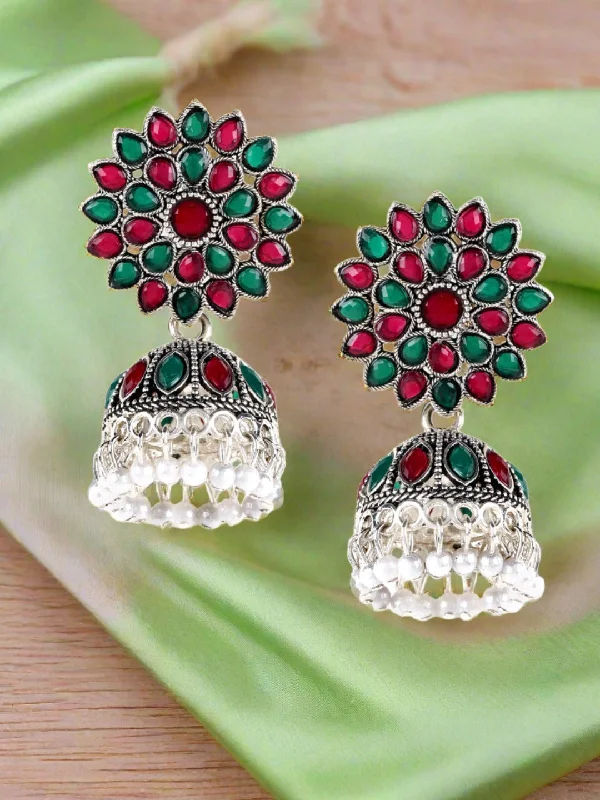 Turquoise Drop Earrings-Ruby & Green Gold-Toned Dome Shaped Pearl Drop Jhumkas Earring