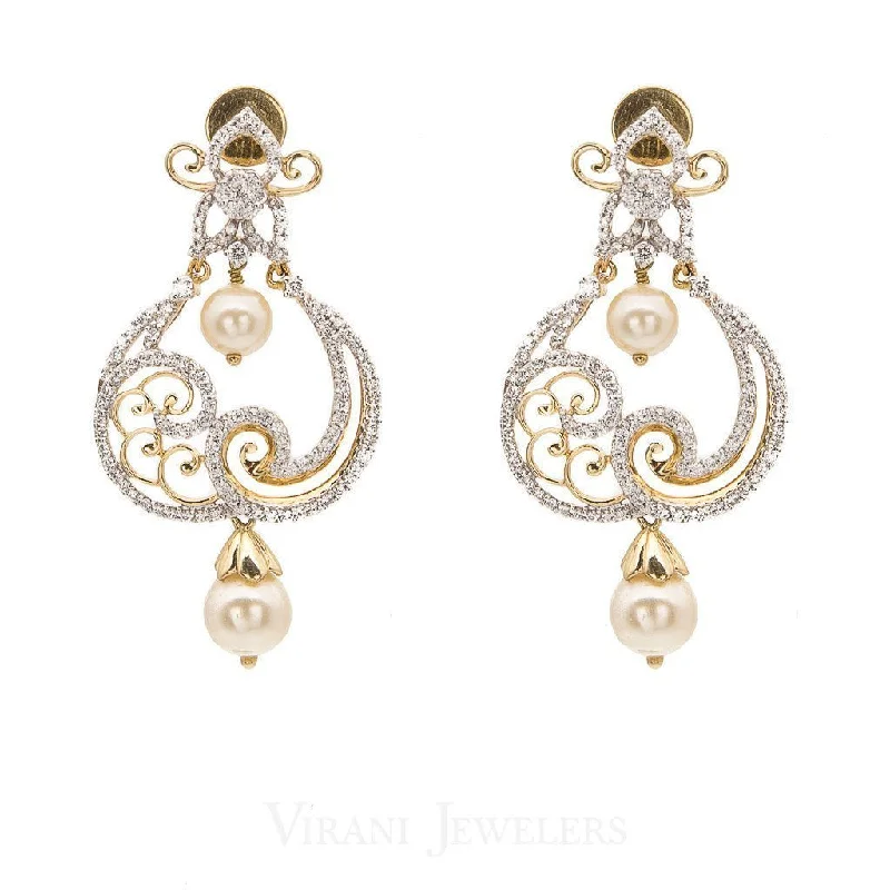 Beautiful Stud Earrings-1.49CT Diamond Filigree Drop Earrings Set In 18K White Gold W/Centered Drop Pearls