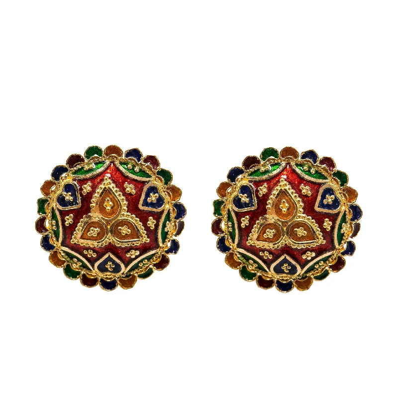 Elegant Statement Earrings-22K Yellow Gold Stud Earrings W/ Hand Painted Finish & Tear Drop Flower Design