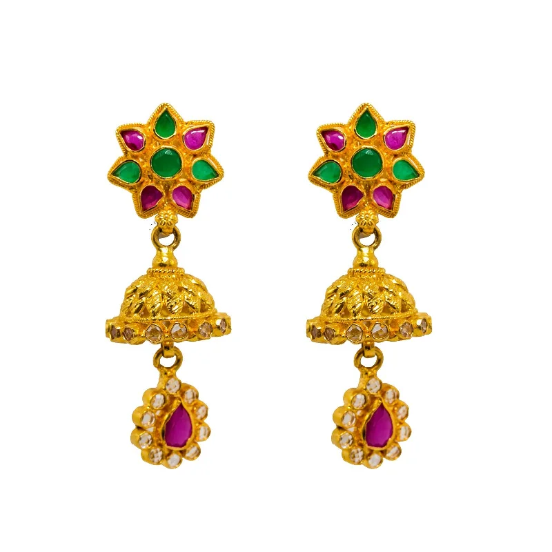 Floral Hoop Earrings-22K Yellow Gold Jhumki Earrings W/ Rubies, Emeralds, CZ Gems & Ornate Flower Designs