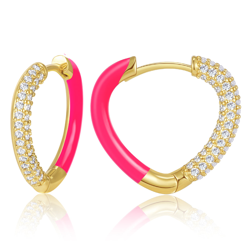 Classic Pearl Earrings-Rose Enamel Heart Huggie Hoop Earrings