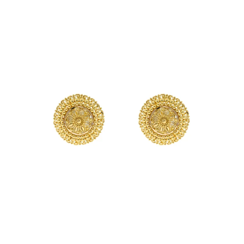 Gemstone Dangle Earrings-22K Yellow Gold Button Earrings W/ Domed Doily Design, 6.9 grams