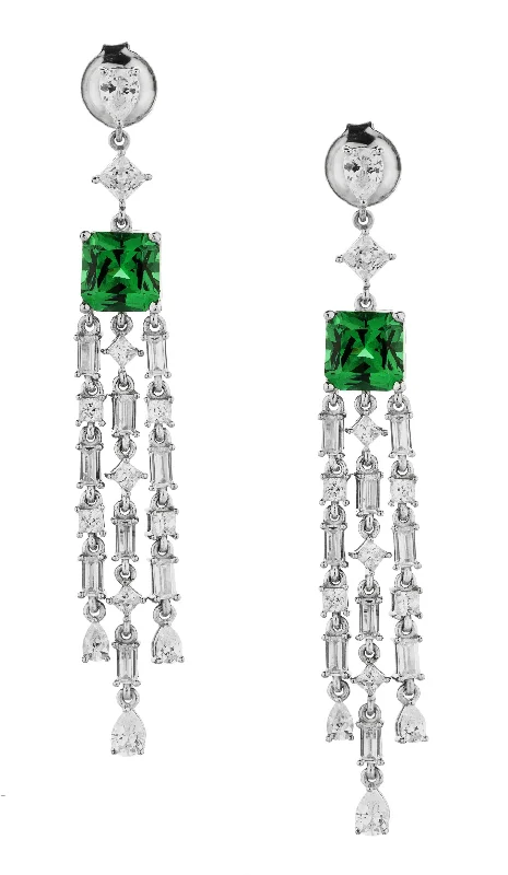 Unique Dangle Earrings-Princess Cut, Pear and Baguette drop earrings with emerald simulants and 5.44 carats* of diamond simulants in sterling silver