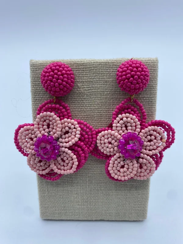 Classic Round Earrings-Two-Toned Pink Beaded Flower Earrings