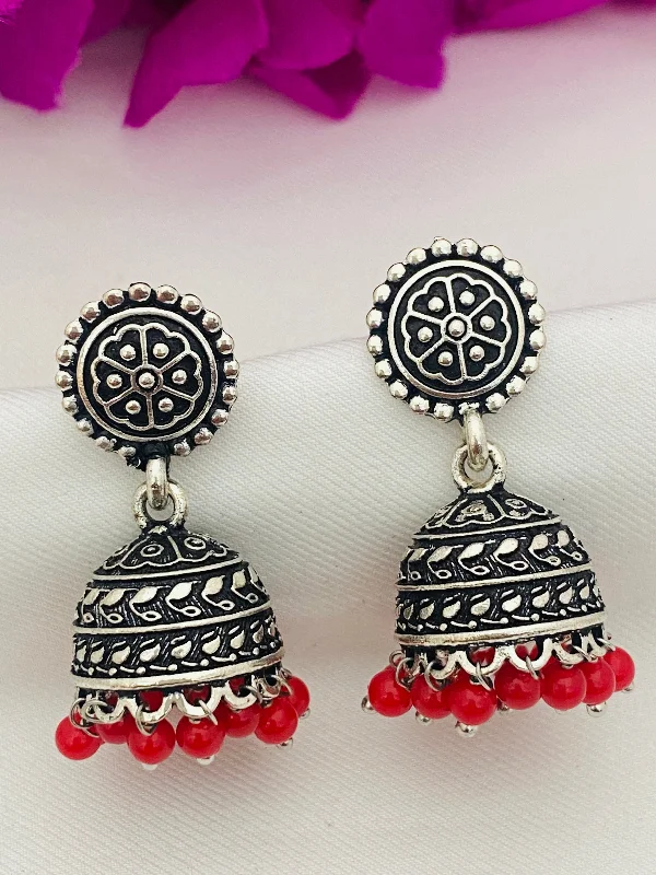 Gemstone Stud Earrings-Red Beaded Tear Drop Designer Jhumka With Sphere Studs