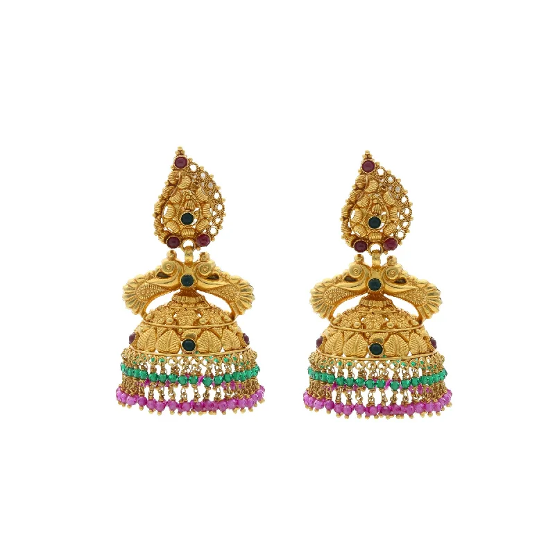 White Gold Earrings-22K Yellow Gold Jhumka Earrings W/ Ruby and Emerald in Crystalized Design