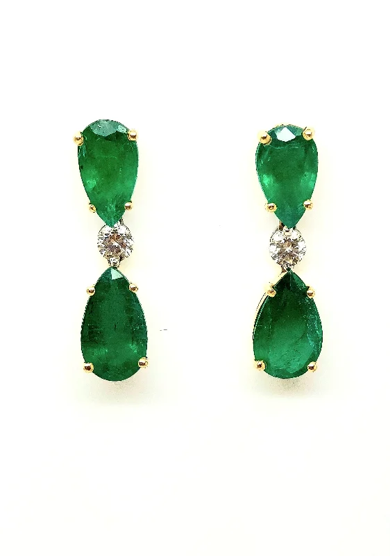 Green Jade Earrings-Pear Shaped Emerald And Diamond  Drop Earrings In 14k Yellow Gold