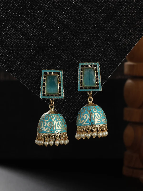 Shiny Drop Earrings-Turquise Blue Gold Plated Stone Studded & Beaded Handcrafted Enamelled Jhumkas