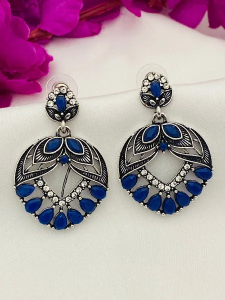 Birthstone Stud Earrings-Dazzling Blue Color Leaf Design Oxidized Earrings