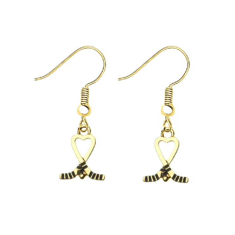 Artistic Drop Earrings-Ice Hockey Heart Stick Earrings