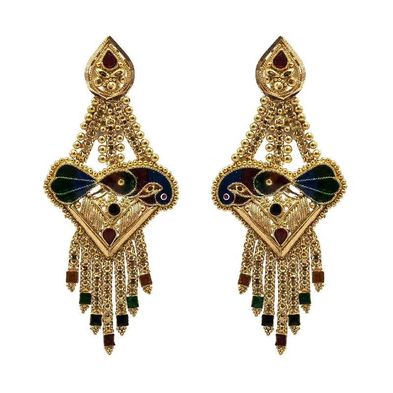 Classic Silver Earrings-22K Yellow Gold Earrings W/ Hand Painted Peacock & Beaded Filigree on Tassel Pendant