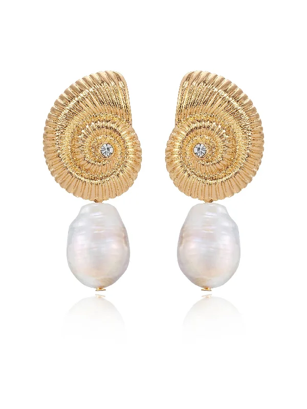 Natural Stone Earrings-Nautilus Shell Freshwater Pearl Earrings