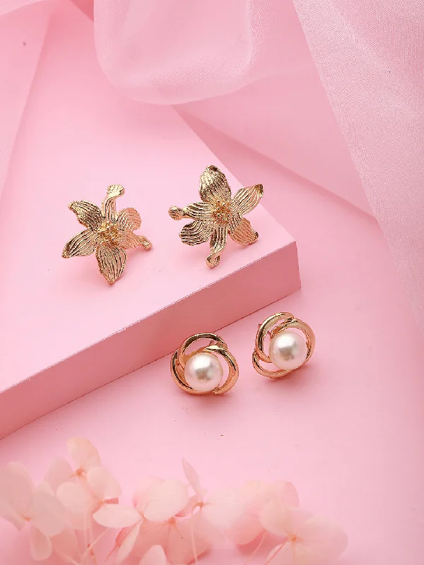 Custom Gemstone Earrings-Set Of 2 Gold Plated & Pearl Floral Stud Earrings