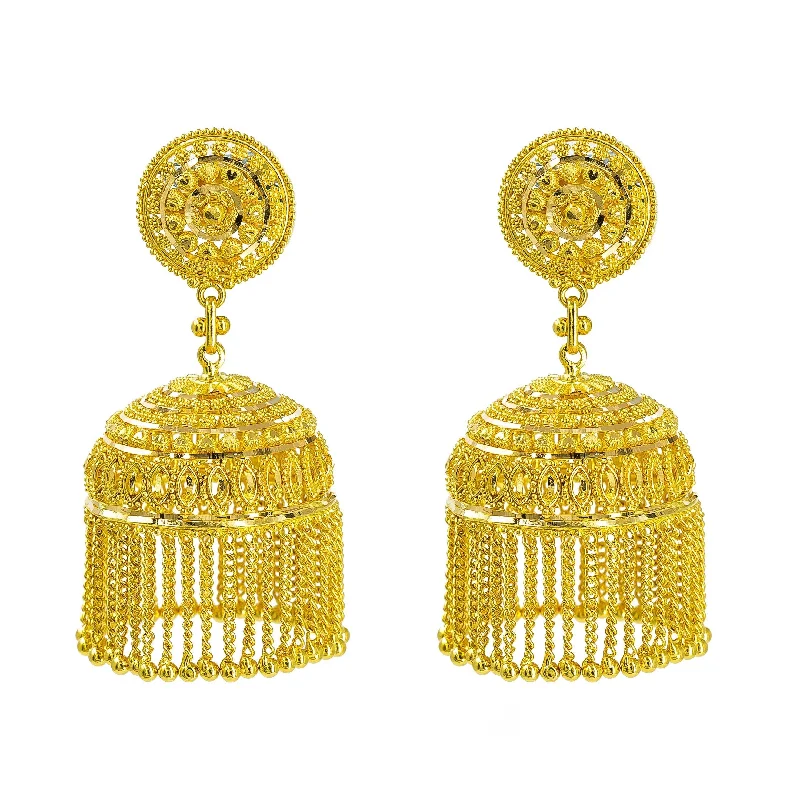 Chunky Gold Earrings-22K Yellow Gold Jhumki Earrings W/ Butta, Round Pendant & Hanging Chains