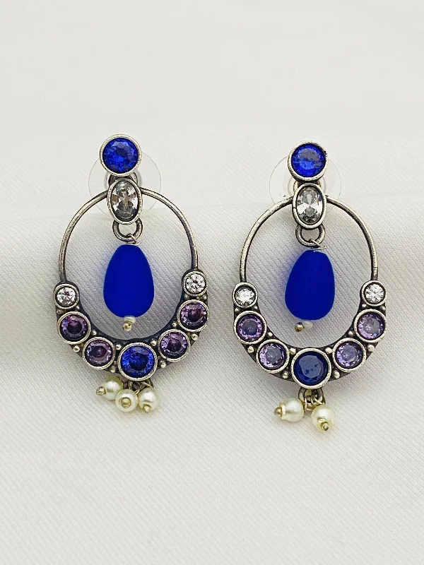 Designer Crystal Earrings-Lovely Blue Stone Beaded Oval Shaped Silver Toned Oxidized Earrings With Pearl Drops