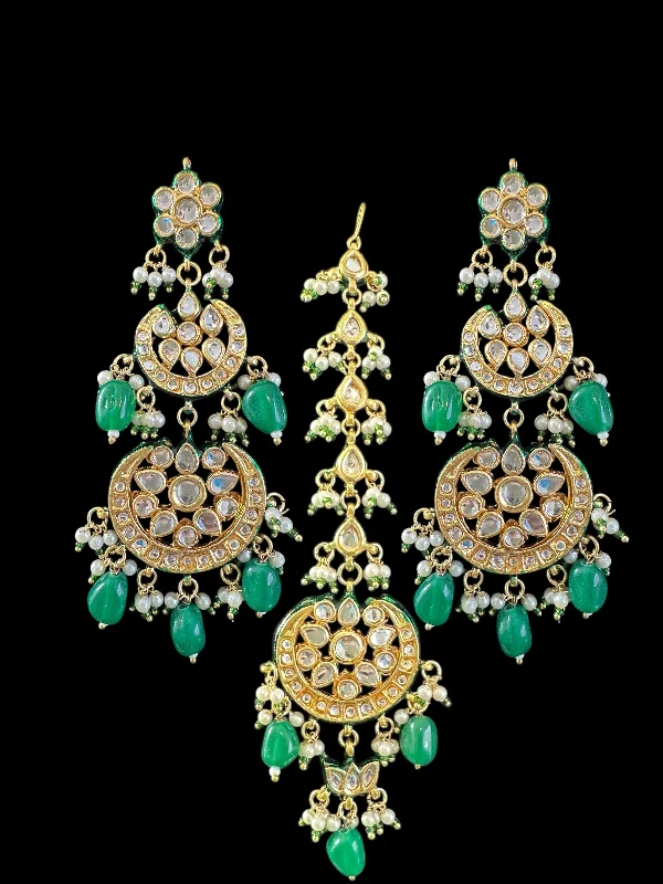 Large Drop Earrings-Irina earrings tika set in kundan with green beads ( READY TO SHIP )