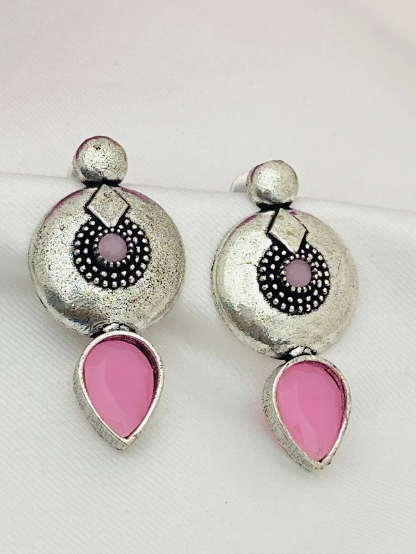 Custom Earrings with Name-Magnificent Pink Stone Studded Designer German Silver Plated Designer Dangle Earrings