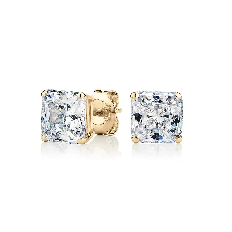 Silver Bead Earrings-Princess Cut stud earrings with 3 carats* of diamond simulants in 10 carat yellow gold