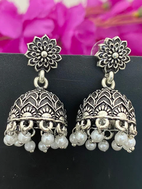 Rustic Gemstone Earrings-Fabulous Oxidized Silver Flower Motif Jhumkas With Pearl Hangings