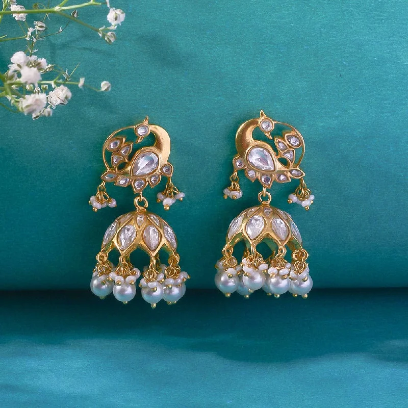 Large Gold Earrings-Silver Swan Jhumka With Polki's