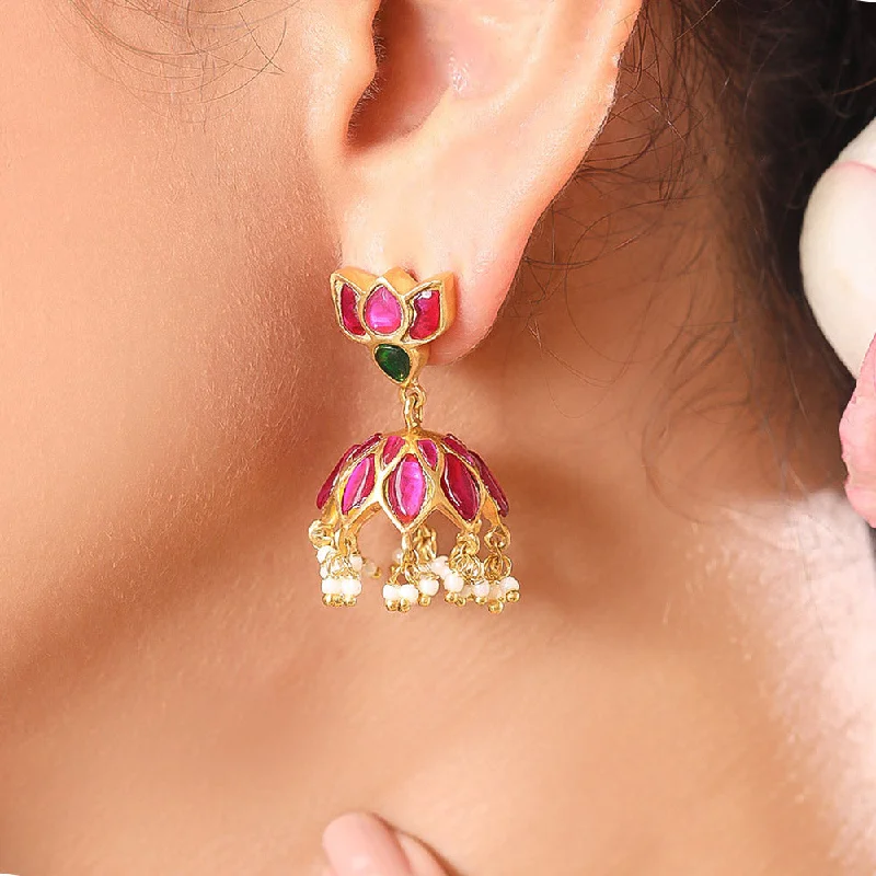 Boho Style Earrings-92.5 Sterling Silver Lotus kundan jhumka