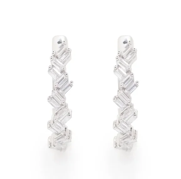 Chandelier Earrings for Weddings-Lady's White 14 Karat Small Hoop Earrings 32=0.26tw Baguette Diamonds