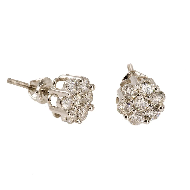 Luxury Fashion Earrings-14K White Gold Diamond Stud Earrings W/ 1.0ct SI Diamonds & Cluster Flower