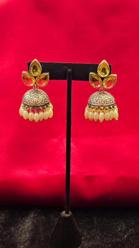 Elegant Statement Earrings-Alluring Yellow Color Stoned Oxidized Jhumkas For Women