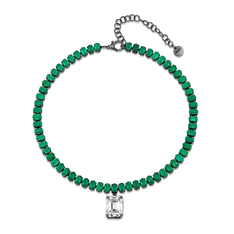 Designer Pendant Necklace-READY TO SHIP MEGA DRIP EMERALD TENNIS NECKLACE WITH GIA DIAMOND DROP