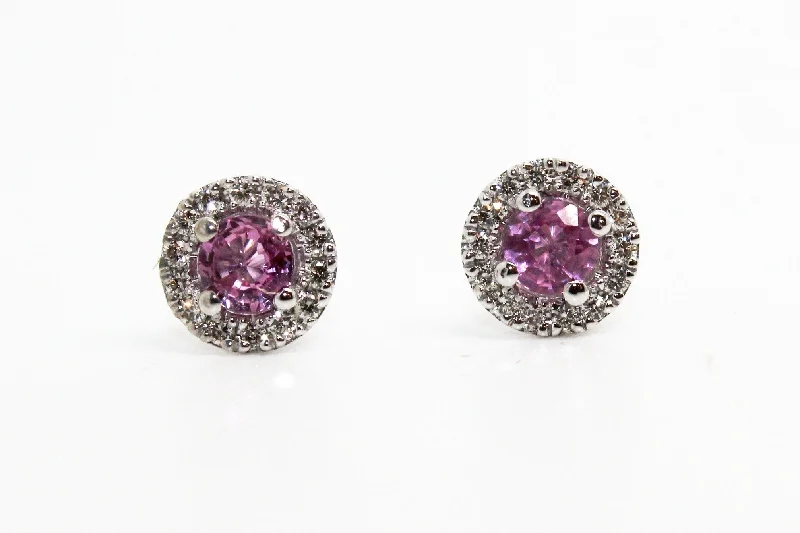 Simple Silver Earrings for Women-PINK SAPPHIRE AND MICROPAVÉ DIAMOND HALO STUD EARRINGS AD NO.1631