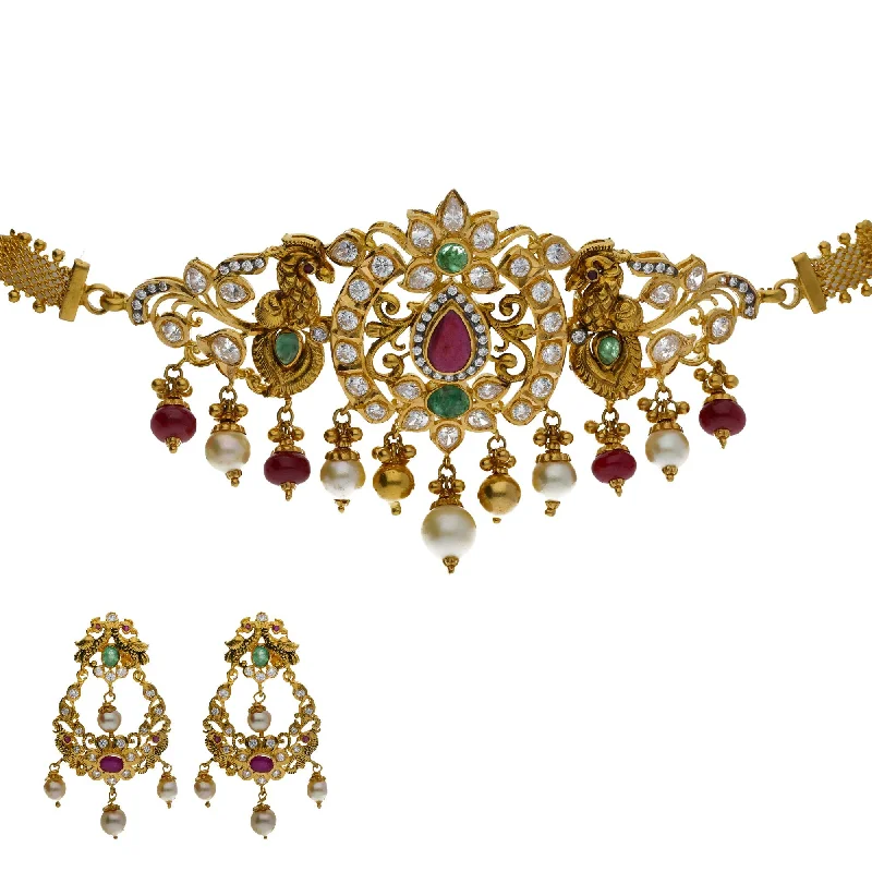 Gemstone Drop Earrings-22K Yellow Antique Gold 2-in-1 Choker/Vanki & Chandbali Earrings Set W/ Emerald, Ruby, CZ, Pearls & Feather Peacock Accents