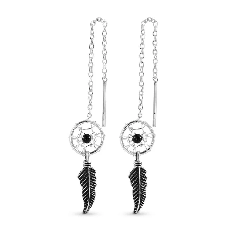 Boho Chic Earrings-Sterling Silver Dreamcatcher Threader Earrings