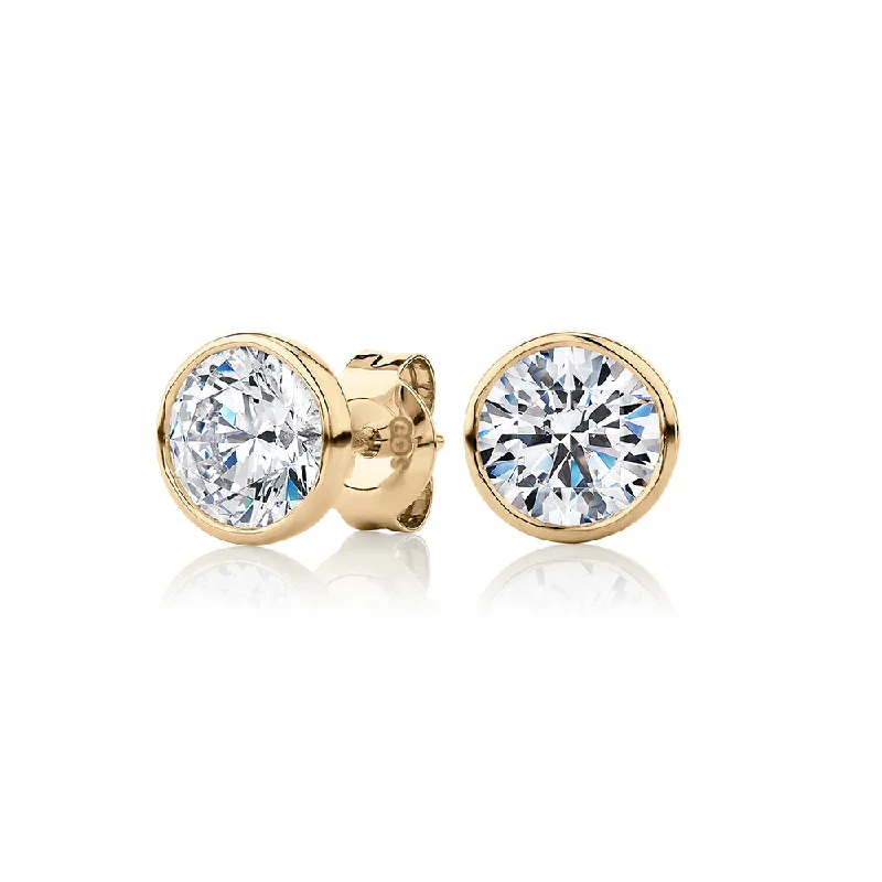 Handmade Crystal Earrings-Round Brilliant stud earrings with 2 carats* of diamond simulants in 10 carat yellow gold