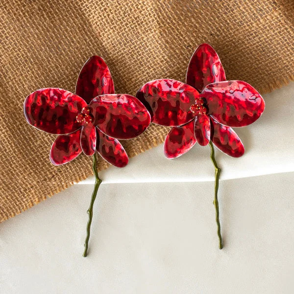 Handcrafted Bead Earrings-Red Flower Statement Earrings