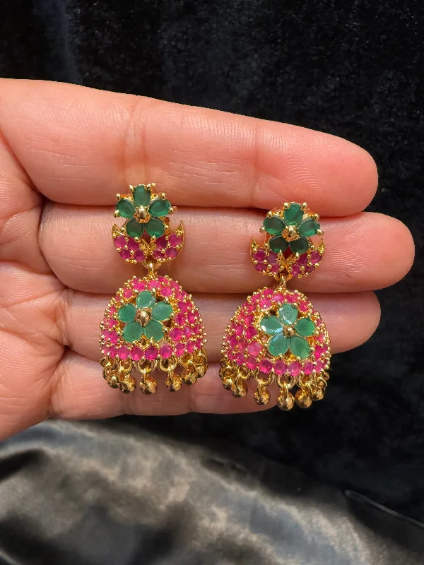 Simple Hoop Earrings-Alluring Gold Plated Designer Jhumka With Pink And Green Color Stone Flower Design