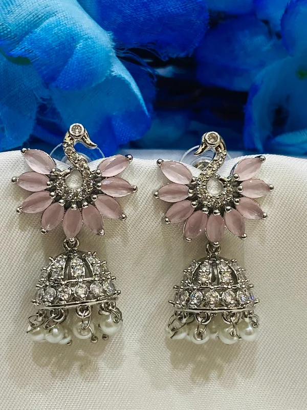 Bold Statement Earrings-Elegant Light Pink Colored American Diamond Jhumka Earrings