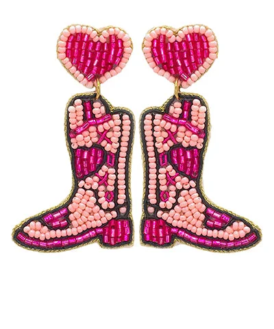 Art Deco Earrings-Pink Beaded Cowboy Boot Earrings