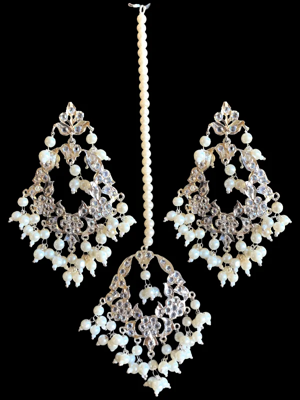 Fashionable Pearl Earrings-DJET22 Madhuri earrings tika set in silver plating   ( SHIPS IN 4 WEEKS )