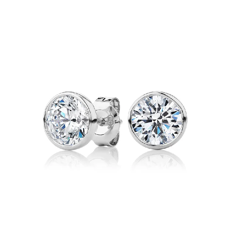 Silver Earrings with Opal-Round Brilliant stud earrings with 2 carats* of diamond simulants in 10 carat white gold