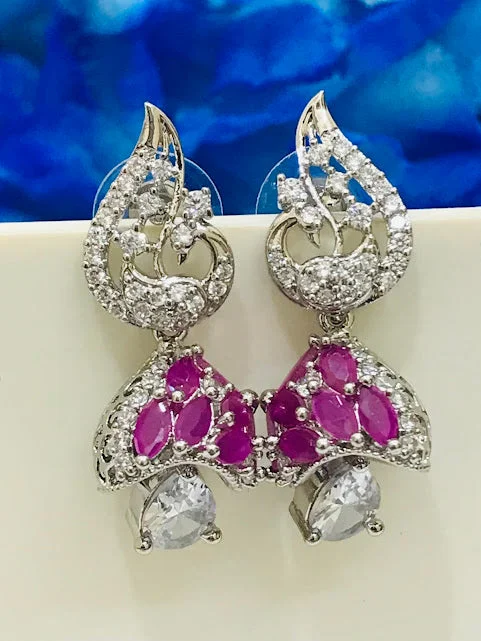 Beautiful Crystal Earrings-American Diamond Jumkha With Beautiful Pink Color Peacock Design