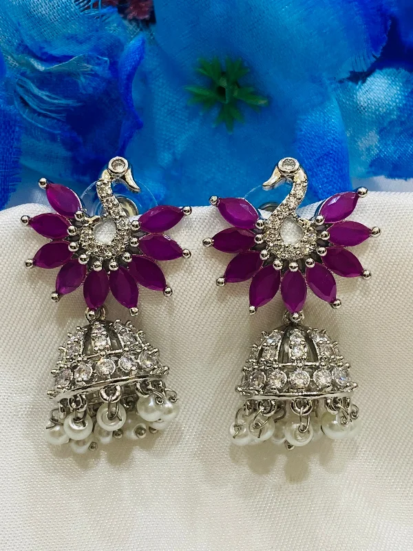 Rustic Gemstone Earrings-Attractive Pink Colored Peacock Design American Diamond Earring For Women