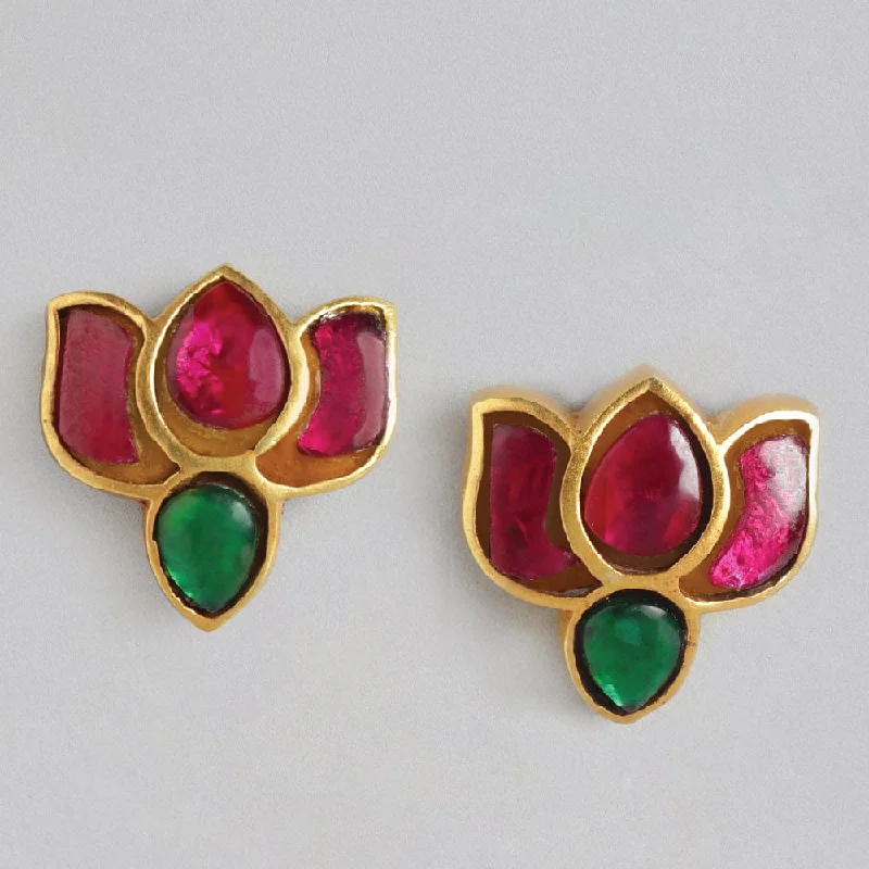 Gold Leaf Earrings-92.5 Sterling Silver Kundan Lotus Stud Earrings