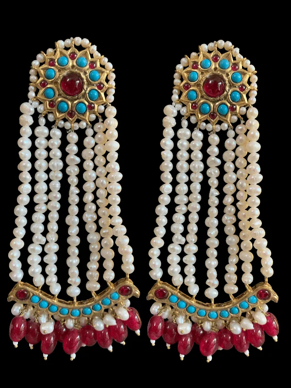 Luxury Gemstone Earrings-DER213 Ruby feroza gold plated jhoomar earrings , Indian jewellery