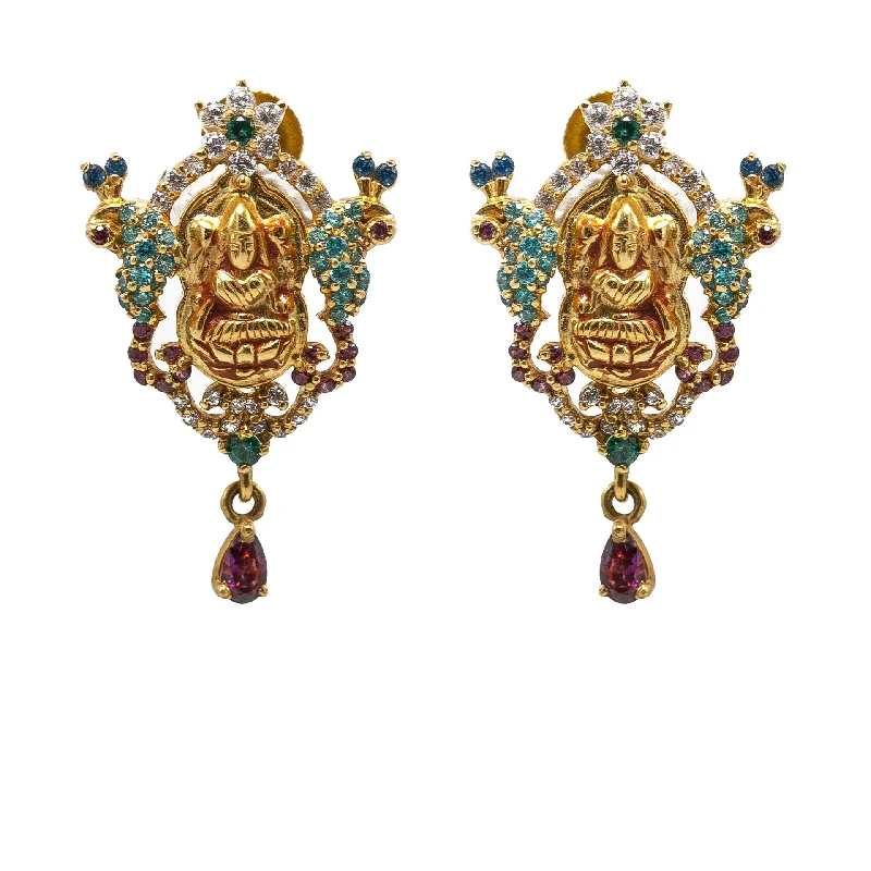 Emerald Drop Earrings-22K Yellow Gold Earrings W/ Emerald, Sapphires, CZ Gems & Laxmi Pendant