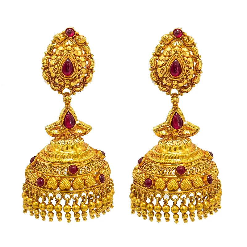 Silver Earrings for Bridesmaids-22K Yellow Gold Jumkhi Drop Earrings W/ Rubies & Draped Bead Ball Accents