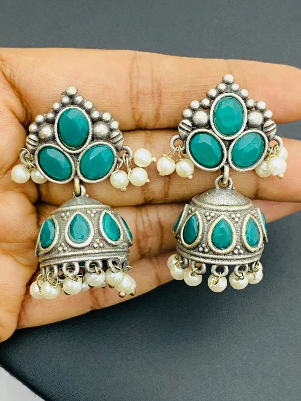 Everyday Hoop Earrings-Beautiful Blue Color Silver Oxidized Jhumkha Earrings Set