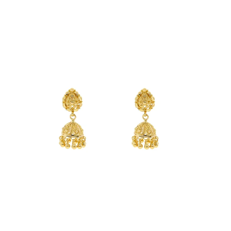 Elegant Dangle Earrings-22K Yellow Gold Small Jhumki Drop Earrings W/ Smooth Gold Ball Trim