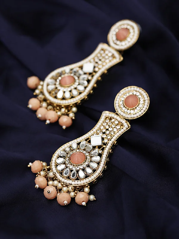 Clear Crystal Earrings-Peach Coloured Kundan Studded & Beaded Classic Drop Earrings